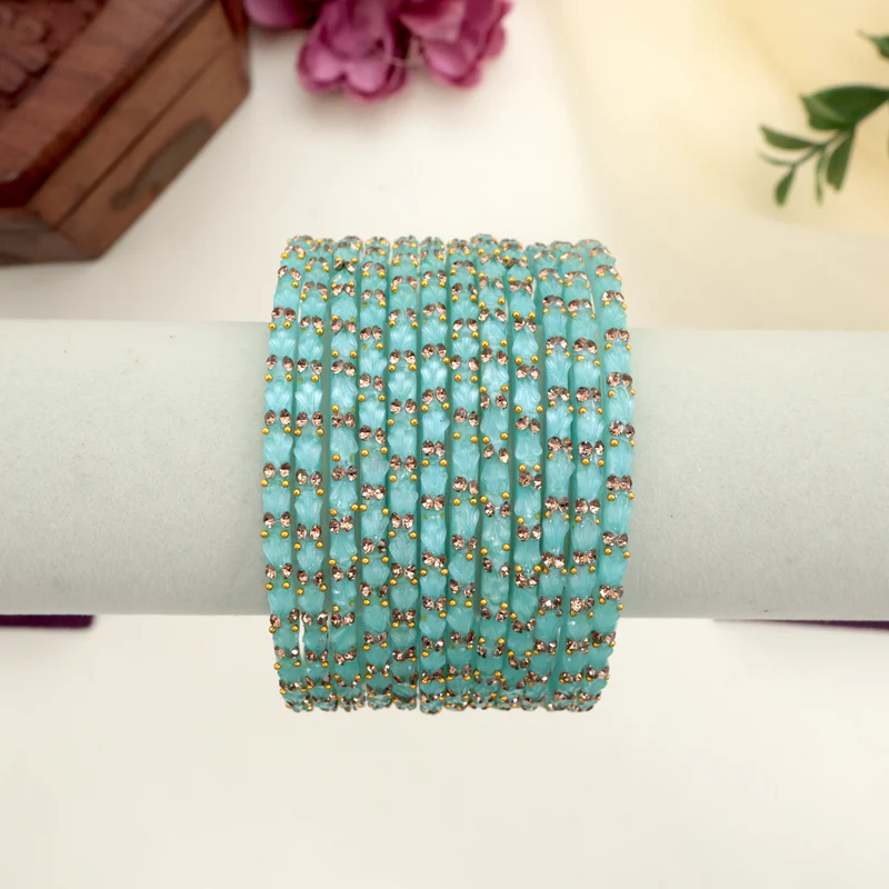 Premium Tulip Cut Stone Work Glass Bangles – Ice Blue